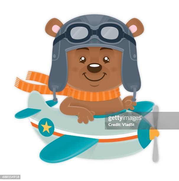 pilot mit cabriohaube und schutzbrille zu tragen, im flugzeug - fliegerbrille stock-grafiken, -clipart, -cartoons und -symbole