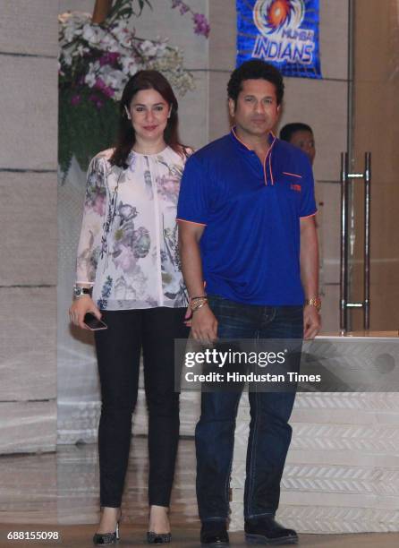 Former Indian cricket player and Mumbai Indians icon player Sachin Tendulkar with his wife Anjali Tendulkar during the party organised to celebrate...