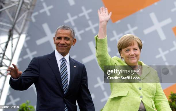 German Chancellor Angela Merkel and former President of the United States of America Barack Obama arrive for a discussion on democracy at Church...