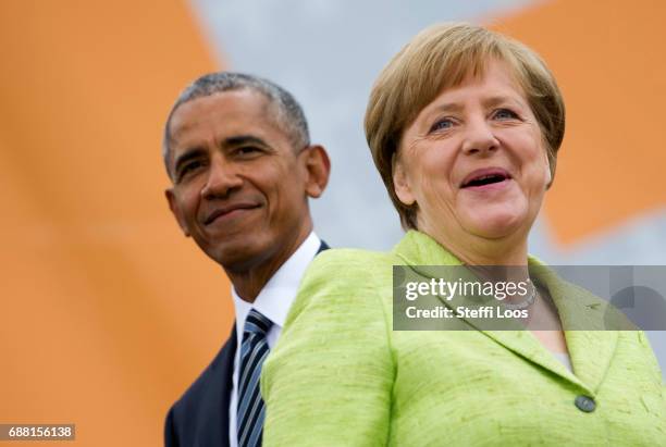 German Chancellor Angela Merkel and former President of the United States of America Barack Obama arrive for a discussion on democracy at Church...
