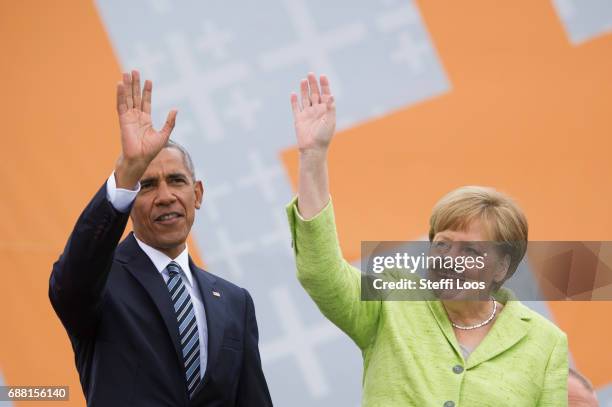 German Chancellor Angela Merkel and former President of the United States of America Barack Obama arrive for a discussion on democracy at Church...