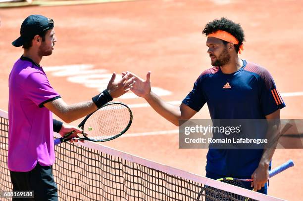 Jo Wilfried Tsonga of France and Russian Karen Khachanov during the Open Parc of Lyon 2017, quarter final day 6, on May 25, 2017 in Lyon, France.
