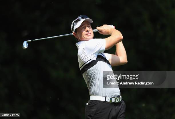 Brett Rumford of Australia tees off on the 2nd hole during day one of the BMW PGA Championship at Wentworth on May 25, 2017 in Virginia Water,...