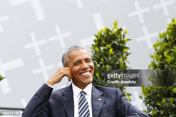 Former US President Barack Obama attends the Panel discussion Demokratie gestalten during the Event of the Church Days to celebrate 500 years...