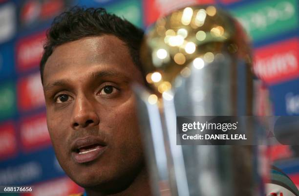 Sri Lanka captain Angelo Mathews addresses a press conference in The Grange in London on May 25 ahead of the ICC Champions Trophy 2017 tournament to...