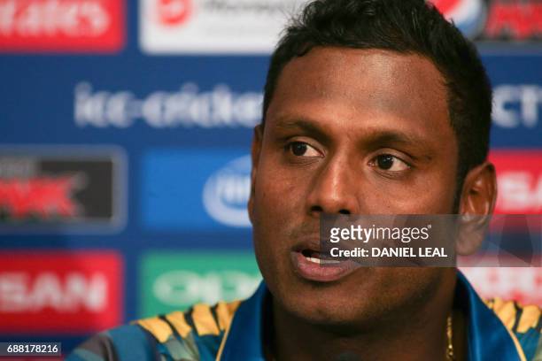 Sri Lanka captain Angelo Mathews addresses a press conference in The Grange in London on May 25 ahead of the ICC Champions Trophy 2017 tournament to...