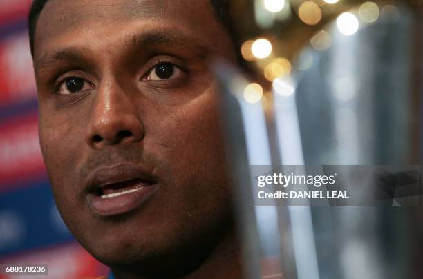 Sri Lanka captain Angelo Mathews addresses a press conference in The Grange in London on May 25 ahead of the ICC Champions Trophy 2017 tournament to...