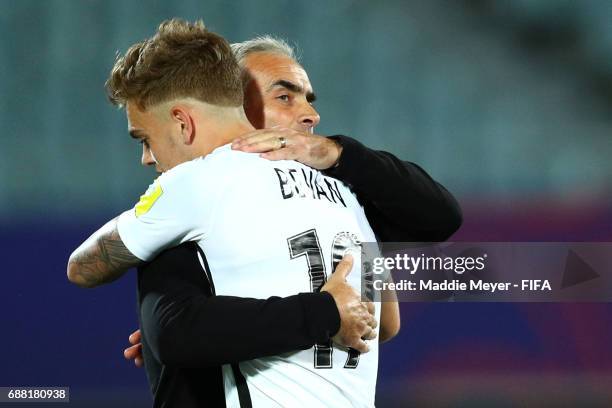 Head coach Darren Bazeley of New Zealand hugs Myer Bevan during the FIFA U-20 World Cup Korea Republic 2017 group E match between New Zealand and...