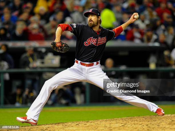 Pitcher Andrew Miller of the Cleveland Indians throws a pitch during Game 1 of the American League Championship Series against the Toronto Blue Jays...