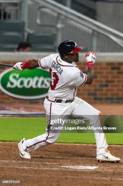 Adonis Garcia of the Atlanta Braves hits against the New York Mets at SunTrust Park on May 01, 2017 in Atlanta, Georgia. The Mets won the game 7-5.