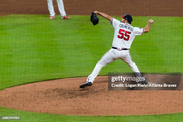 Josh Collmenter of the Atlanta Braves pitches against the Washington Nationals at SunTrust Park on April 19, 2017 in Atlanta, Georgia. The Braves...