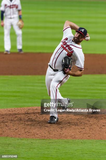 Josh Collmenter of the Atlanta Braves pitches against the Washington Nationals at SunTrust Park on April 19, 2017 in Atlanta, Georgia. The Braves...