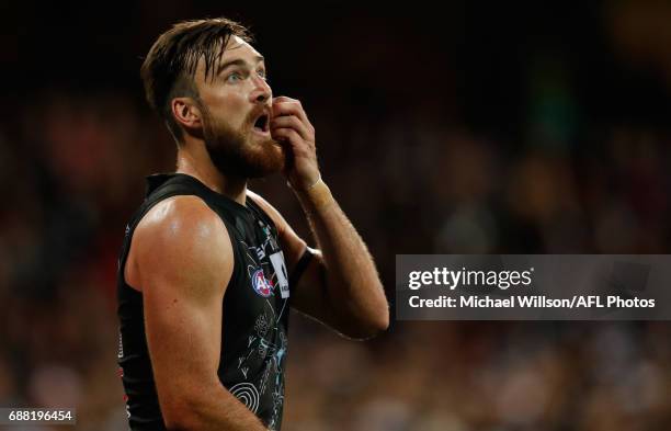 Charlie Dixon of the Power looks on during the 2017 AFL round 10 match between the Geelong Cats and Port Adelaide Power at Simonds Stadium on May 25,...