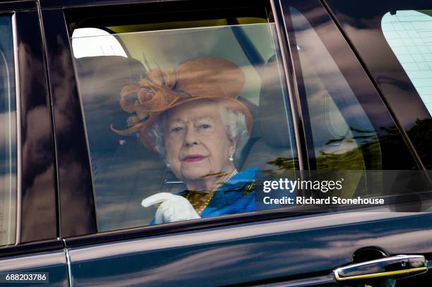 Queen Elizabeth II arrives at Eland Lodge Equestrian centre, one of the Duchy of Lancaster Farms on May 25, 2017 in Staffordshire, United Kingdom.