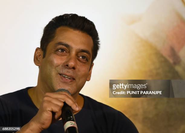 Bollywood actor Salman Khan addresses a news conference to release a trailer of his new film 'Tubelight' in Mumbai on May 25, 2017. The film is...