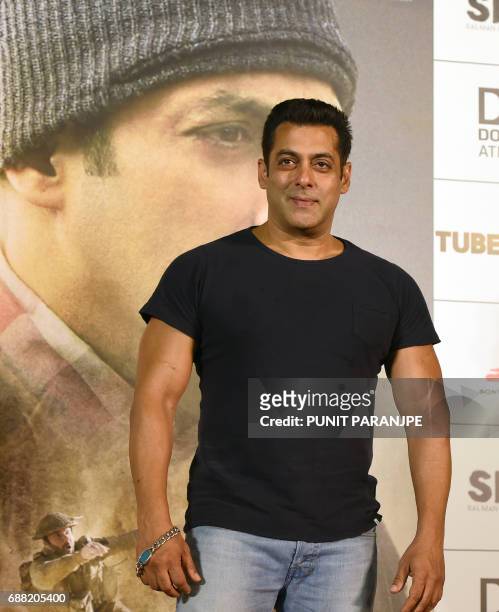 Bollywood actor Salman Khan poses after addressing a news conference to release a trailer of his new film 'Tubelight' in Mumbai on May 25, 2017. The...