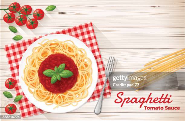 ilustraciones, imágenes clip art, dibujos animados e iconos de stock de spaghetti con salsa de tomate y albahaca - espaguete