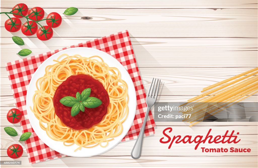Spaghetti with tomato sauce and basil
