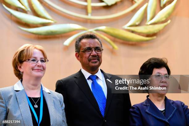 Incoming Director General Tedros Adhanom Ghebreyesus and outgoing Director-General Margaret Chan look on during the 70th World Health Organization...