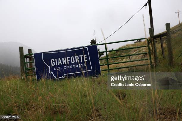 Greg Gianforte, U.S. Congress" sign is seen as Montana holds a special House election between Republican Greg Gianforte and Democrat Rob Quist on May...