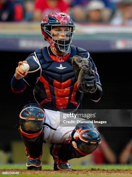 Catcher Roberto Perez of the Cleveland Indians looks toward first base during Game 2 of the American League Division Series against the Boston Red...