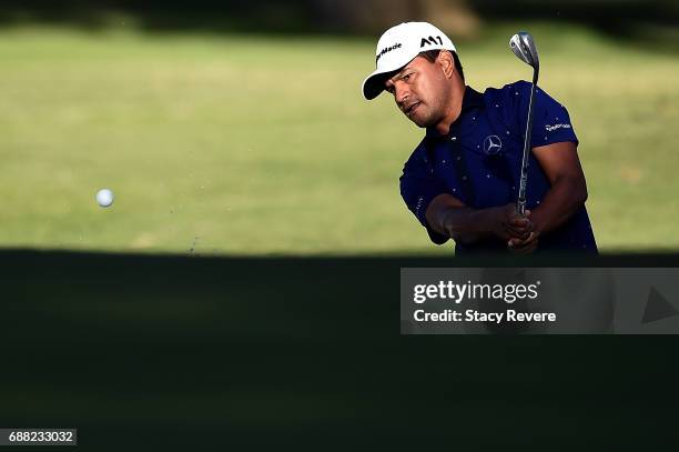 Fabian Gomez of Argentina chips onto the 11th green during Round One of the DEAN & DELUCA Invitational at Colonial Country Club on May 25, 2017 in...