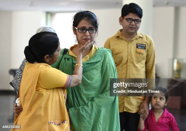 Union External Affairs Minister Sushma Swaraj greets Uzma Ahmed at Jawahar Bhawan after her return from Pakistan on May 25, 2017 in New Delhi, India....