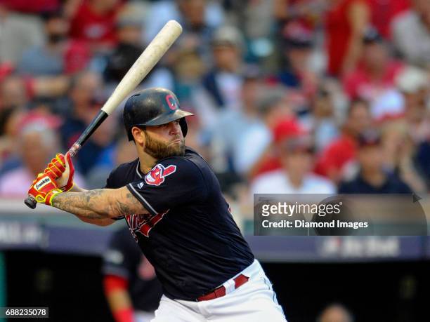 Firstbaseman Mike Napoli of the Cleveland Indians bats during Game 2 of the American League Division Series against the Boston Red Sox on October 7,...