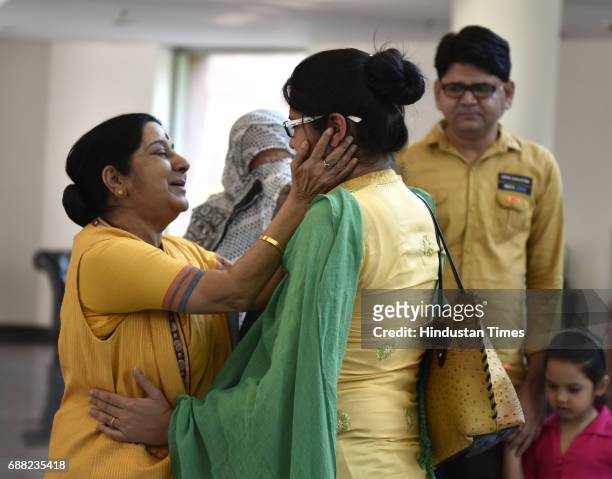 Union External Affairs Minister Sushma Swaraj greets Uzma Ahmed at Jawahar Bhawan after her return from Pakistan on May 25, 2017 in New Delhi, India....