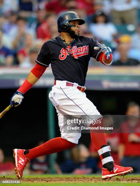 Designated hitter Carlos Santana of the Cleveland Indians bats during Game 2 of the American League Division Series against the Boston Red Sox on...