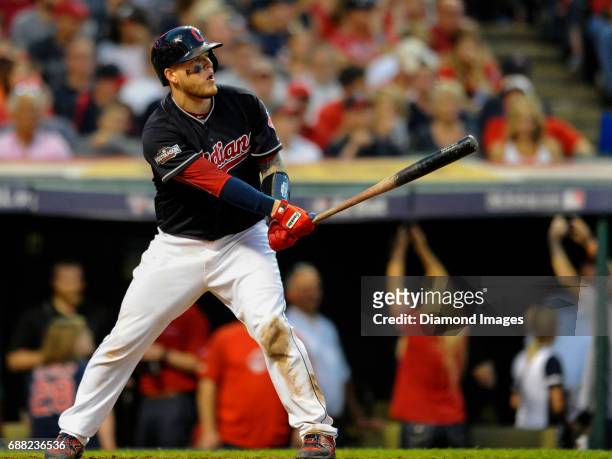 Catcher Roberto Perez of the Cleveland Indians bats during Game 2 of the American League Division Series against the Boston Red Sox on October 7,...