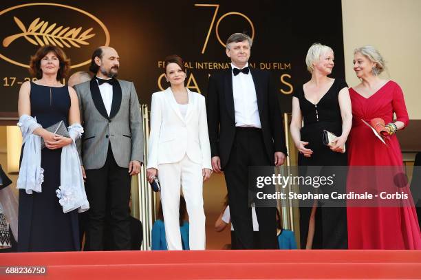 Producer Marianne Slot, director Sergei Loznitsa, actress Vasilina Makovtseva, actor Valeriu Andriuta, producer Carine Leblanc and a guest attend "A...