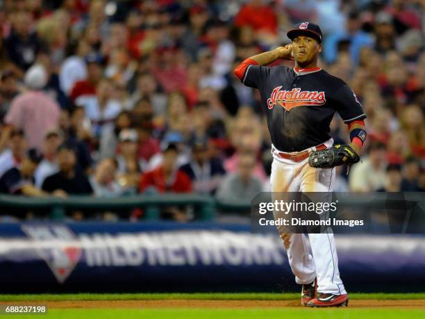 Thirdbaseman Jose Ramirez of the Cleveland Indians throws the ball toward third base during Game 2 of the American League Division Series against the...