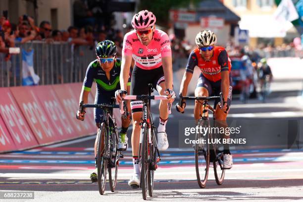 Pink jersey Netherlands' Tom Dumoulin of team Sunweb, Colombia's Nairo Quintana of team Movistar and Italy's rider of team Bahrain - Merida Vincenzo...