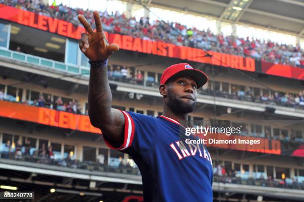 Forward LeBron James of the Cleveland Cavaliers walks onto the field to address the crowd prior to Game 2 of the American League Division Series...