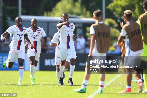 Myziane Maolida of Olympique Lyonnais is congratulated by teammates after scoring the opening goal during the Final match between Olympique Lyon vs...