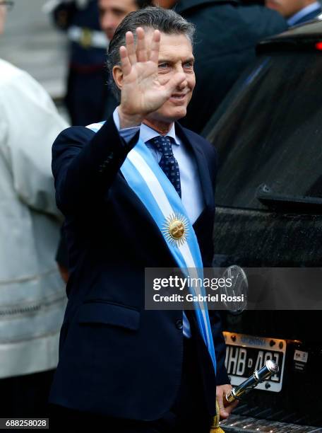 President of Argentina Mauricio Macri greets the crowd after the Tedeum Mass in honour to the 207th anniversary of the Revolucion de Mayo at...