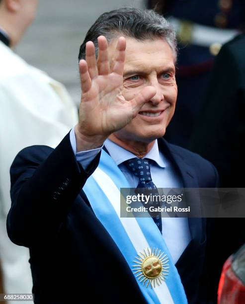 President of Argentina Mauricio Macri greets the crowd after the Tedeum Mass in honour to the 207th anniversary of the Revolucion de Mayo at...