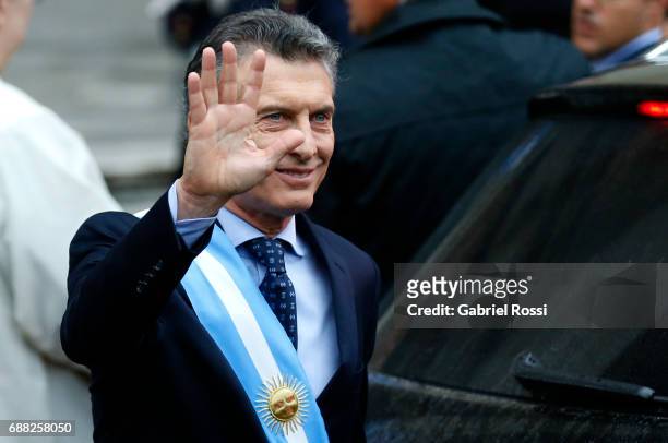 President of Argentina Mauricio Macri greets the crowd after the Tedeum Mass in honour to the 207th anniversary of the Revolucion de Mayo at...