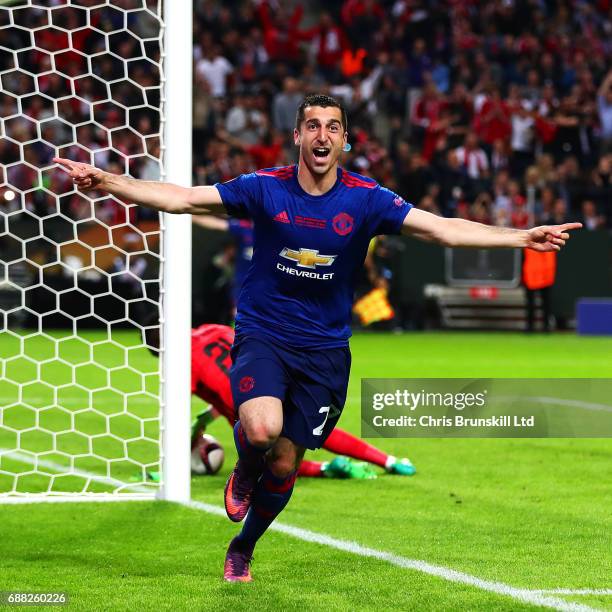 Henrikh Mkhitaryan of Manchester United celebrates scoring his side's second goal during the UEFA Europa League Final match between Ajax and...