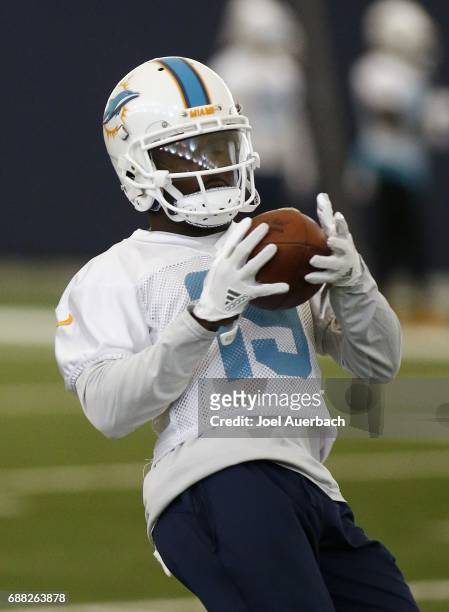 Jakeem Grant of the Miami Dolphins catches the ball during the teams OTA's on May 25, 2017 at the Miami Dolphins training facility in Davie, Florida.