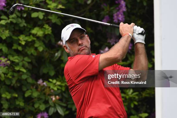 Hennie Otto of South Africa tees off on the 7th hole during day one of the BMW PGA Championship at Wentworth on May 25, 2017 in Virginia Water,...