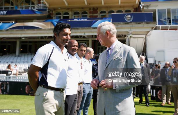 The Prince of Wales meets Kumar Sangakkara of Sri Lanka at the launch of the ICC Champions Trophy at The Oval on May 25, 2017 in London, England.