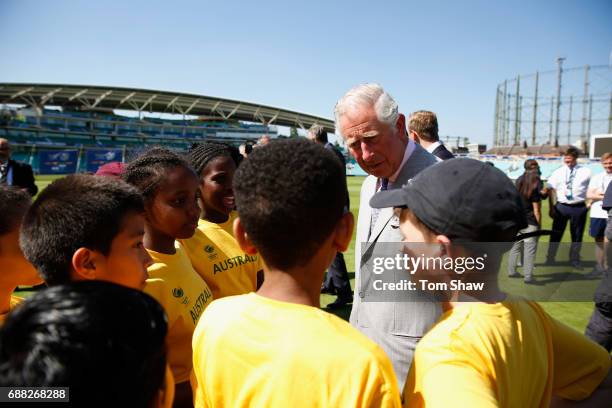 The Prince of Wales meets and greets kids at the launch of the ICC Champions Trophy at The Oval on May 25, 2017 in London, England.