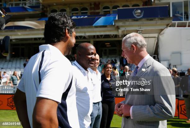 The Prince of Wales meets Brian Lara of the West Indies at the launch of the ICC Champions Trophy at The Oval on May 25, 2017 in London, England.