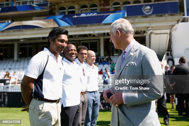 The Prince of Wales meets Kumar Sangakkara of Sri Lanka at the launch of the ICC Champions Trophy at The Oval on May 25, 2017 in London, England.