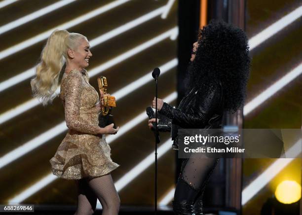 Singer Gwen Stefani presents the Billboard Icon Award to actress/singer Cher during the 2017 Billboard Music Awards at T-Mobile Arena on May 21, 2017...