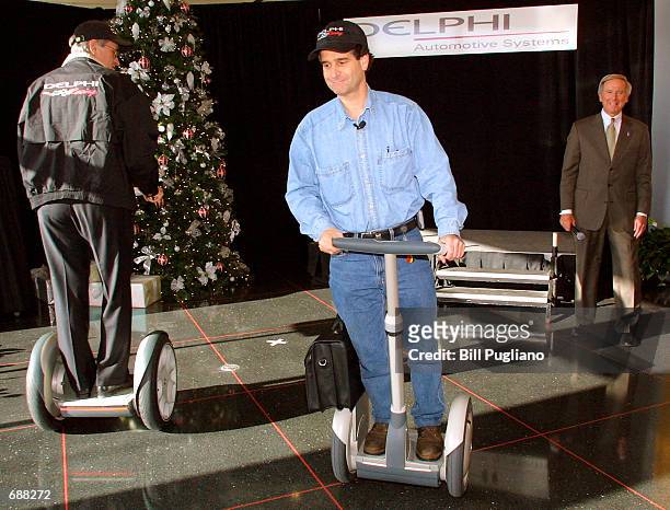 Segway HT inventor, founder, Chairman and CEO Dean Kamen demonstrates his New Personal Transporter December 18, 2001 to Delphi Automotive Systems''...