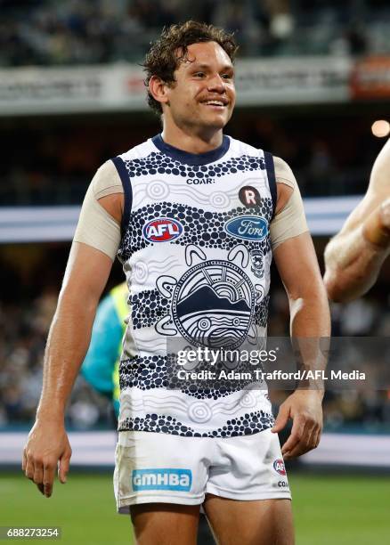 Steven Motlop of the Cats celebrates during the 2017 AFL round 10 match between the Geelong Cats and Port Adelaide Power at Simonds Stadium on May...