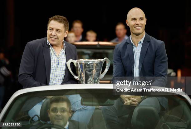 Mark Thompson, 2007 Geelong Premiership Coach and Tom Harley, 2007 Geelong Premiership Captain wait to do a lap of honour to celebrate the 10 year...